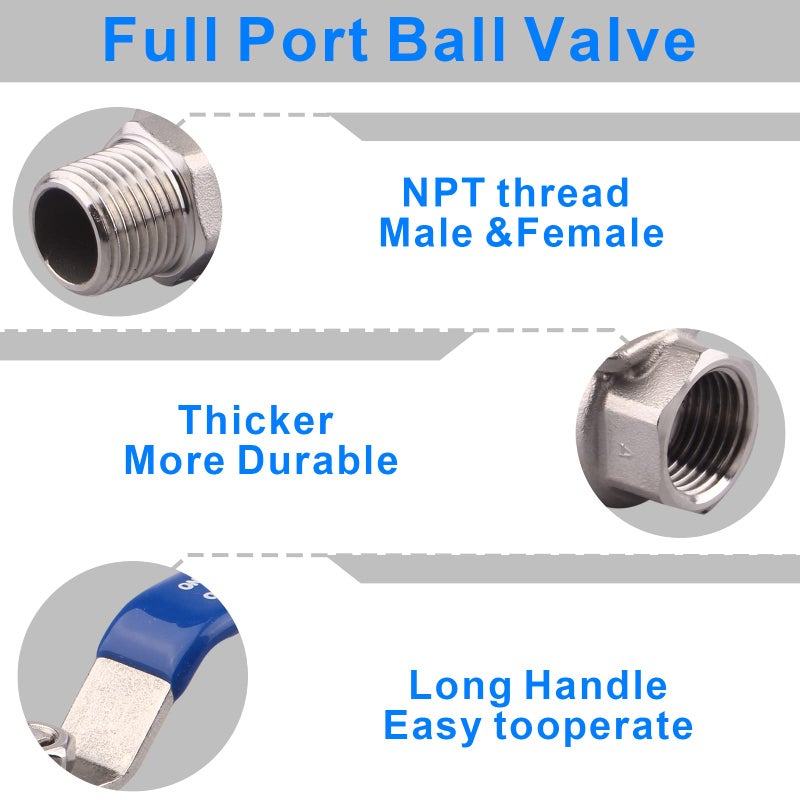 DERNORD Full Port Ball Valve 1/2 Inch - Male x Female Stainless Steel 304 Heavy Duty for Water, Oil, and Gas,1000WOG (1/2 Inch NPT) - Image 4